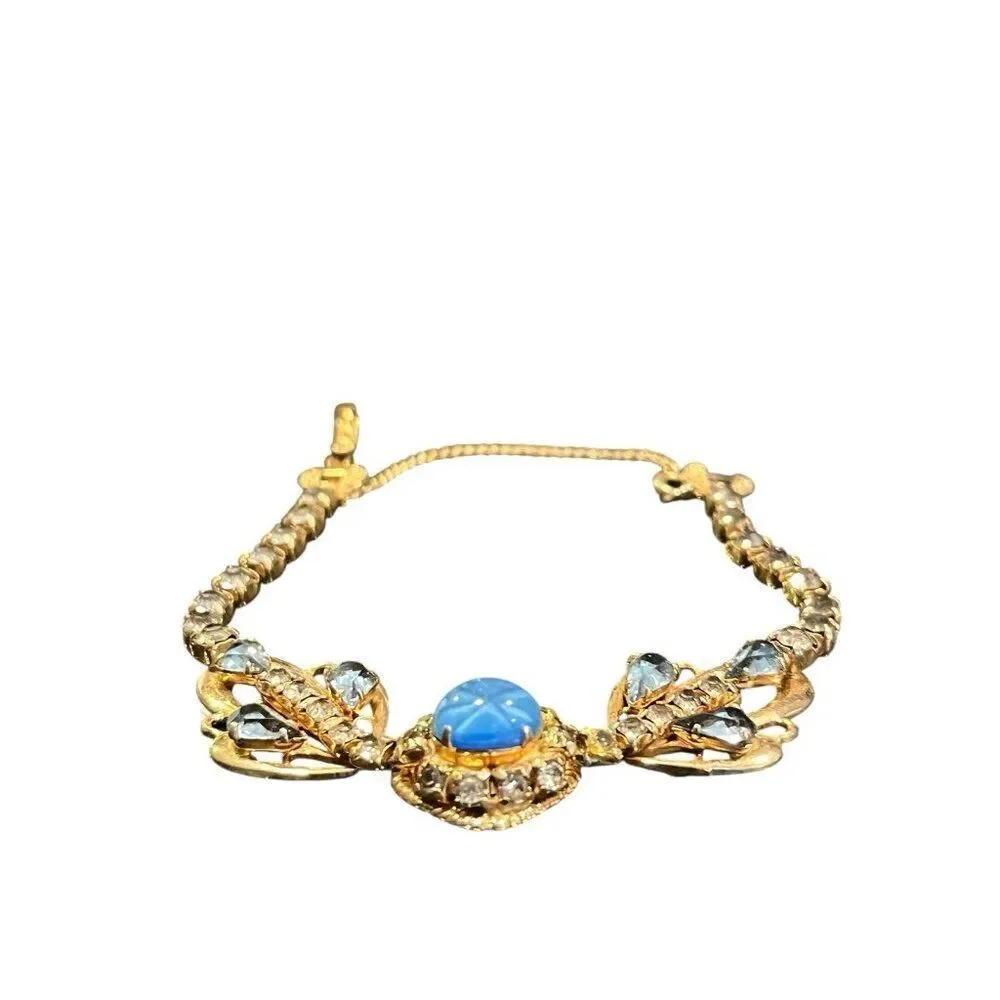 Vtg Aquamarine Ornat Crystal Floral Cluster Cabachon Bracelet Art Deco Safety Cl